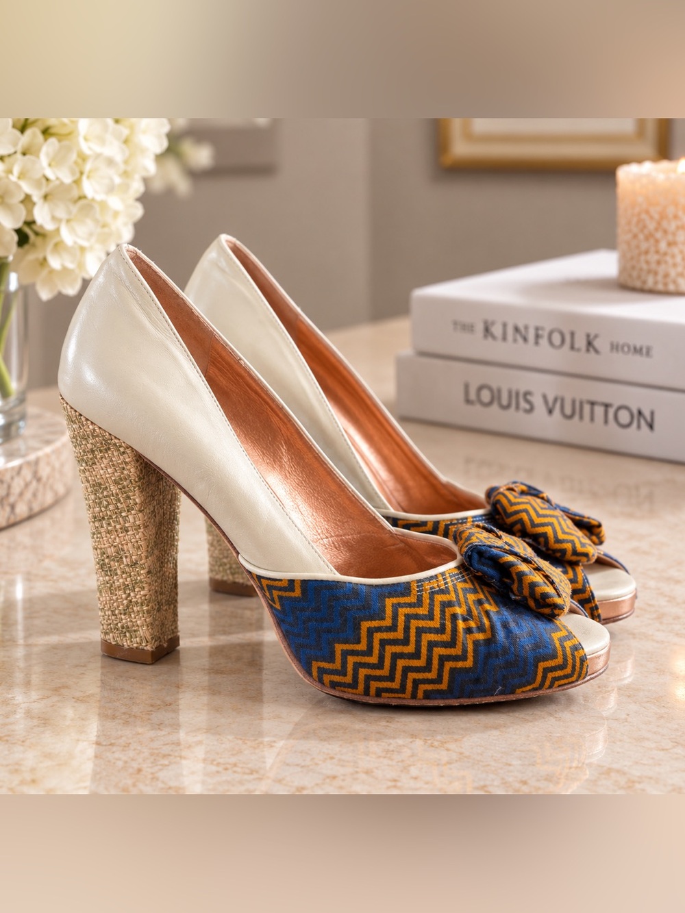 Cynthia Vincent Cream Peep-Toe Pumps with Blue & Mustard Chevron
